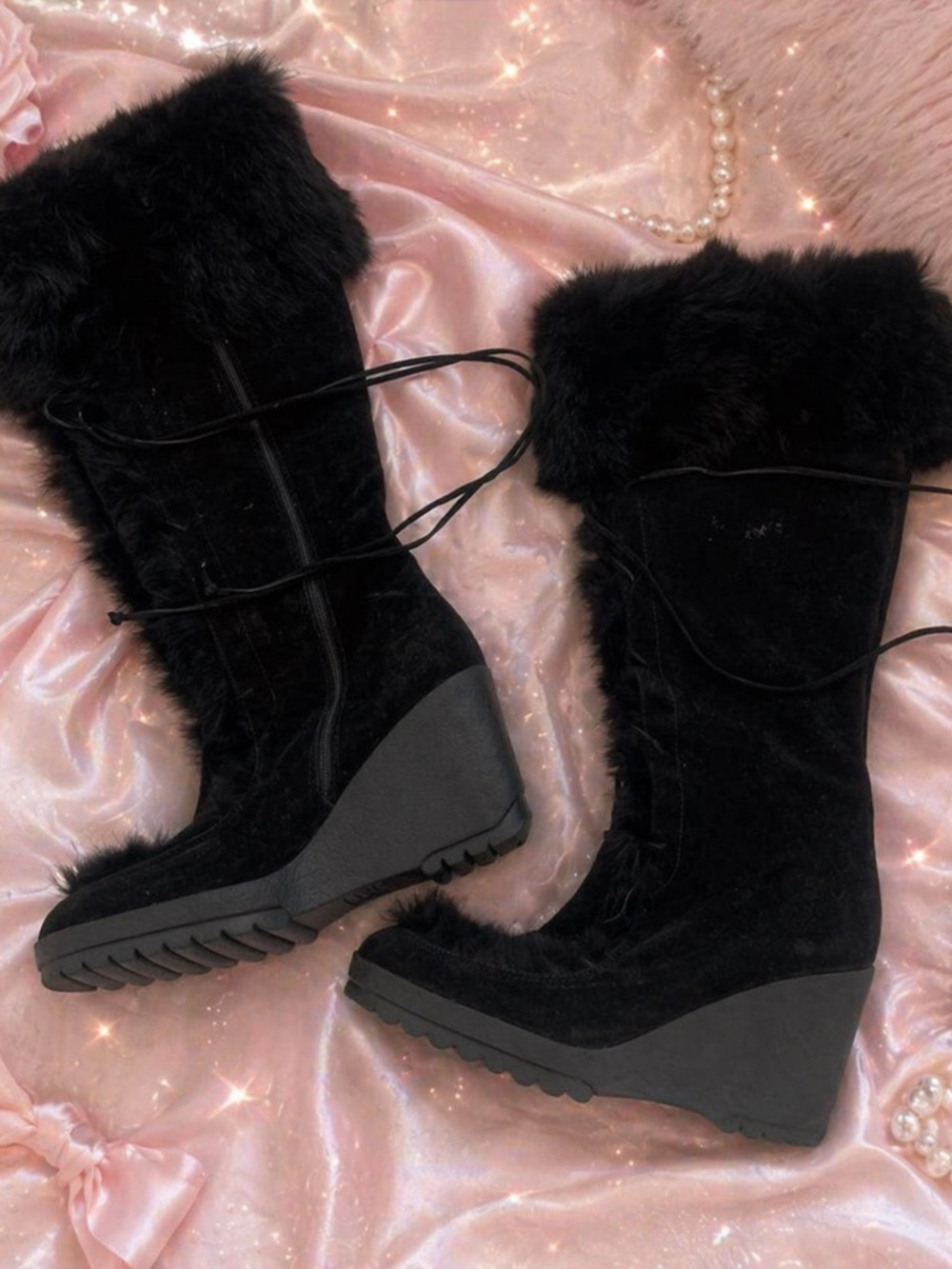 Coach Black Faux Fur Wedge Lace-Up Boots